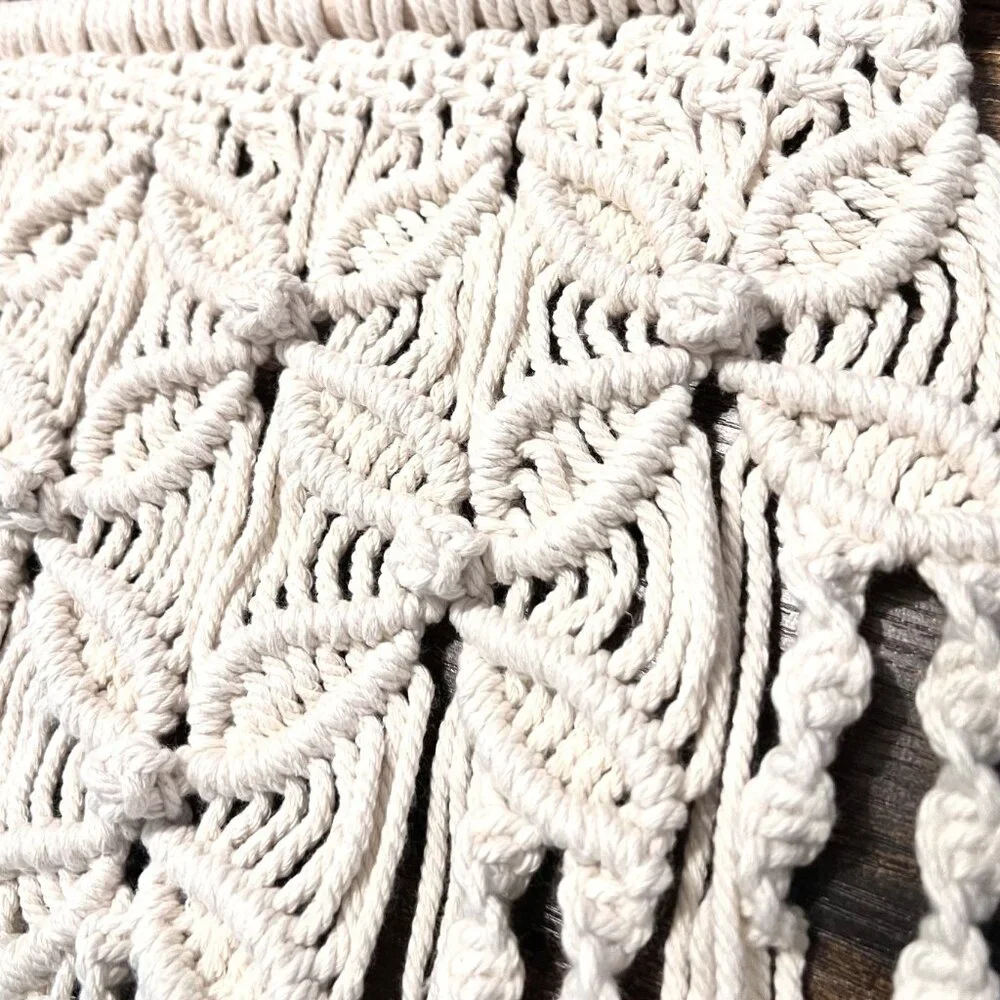 Macrame/Crocheted Wall Hanging-Ivory/Cream-Bohemian-Wood Dowel-Knots-Twist-Flow